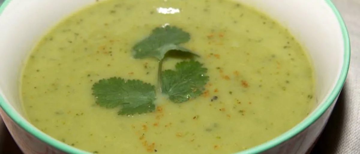 Watercress soup with a sprig of coriander as garnish in a white bowl with green trim